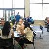 Students enjoy pizza in Mickelson Center commons. 